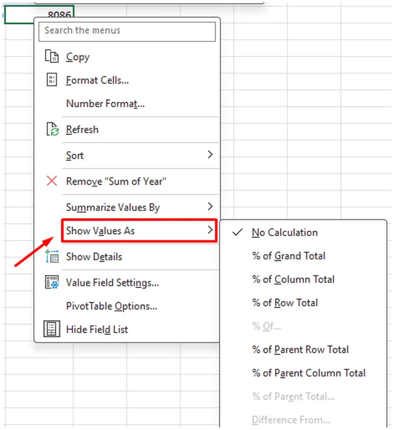 Show value as